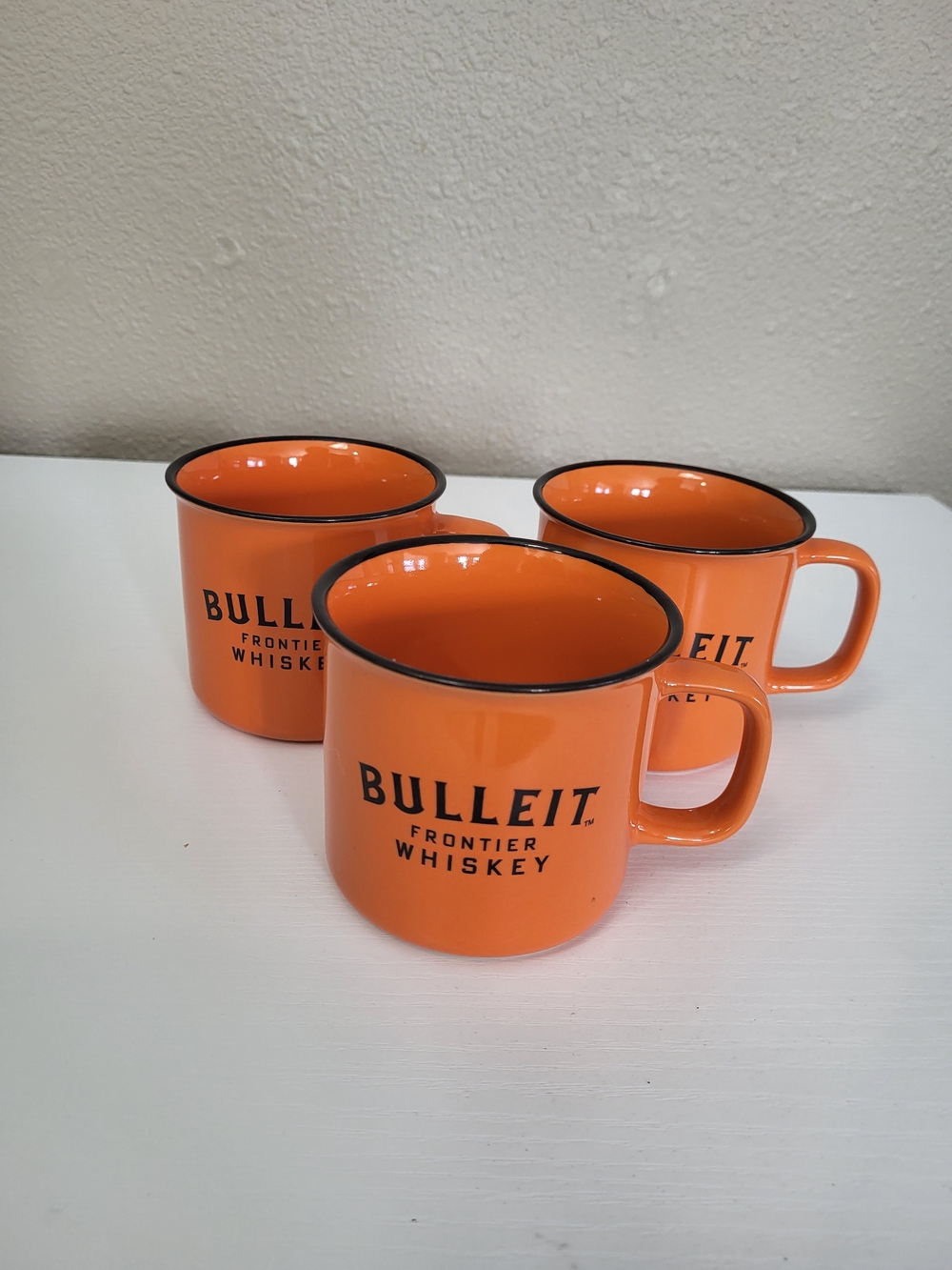 Bulleit Bourbon Frontier Whiskey Ceramic Coffee Mug Cup Orange Camp Set Of 3 EUC